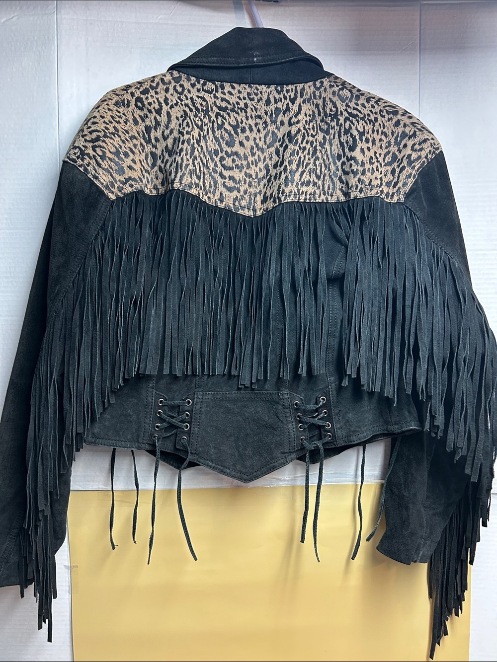 Chia Black & Leopard Print Fringed Suede Leather Jacket Size Small - Picture 6 of 9